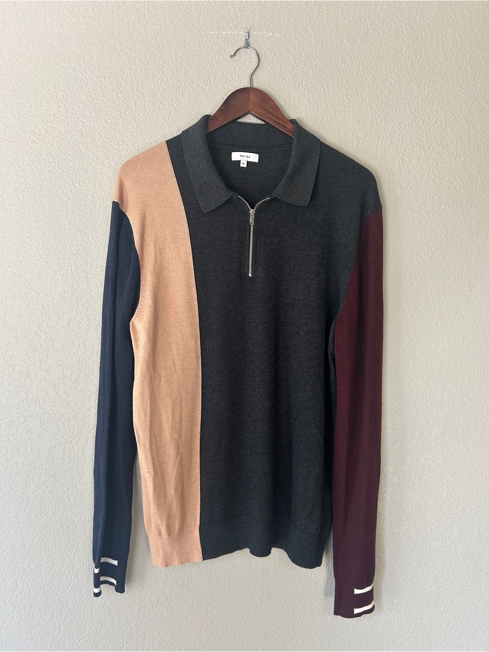 Reiss Colorblock Half-Zip Polo Sweater in Black Beige Navy Burgundy | Men’s XL